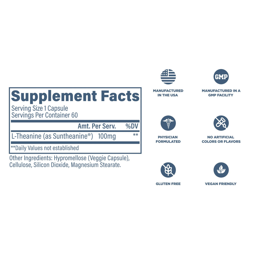 Revive MD Suntheanine L-Theanine Supplement for Men and Women - Supports Fatigue & Brain Function for Calm Mood, Mental Clarity, Focus & Relaxation - Vegan & Gluten-Free (60 Capsules, 60 Servings)