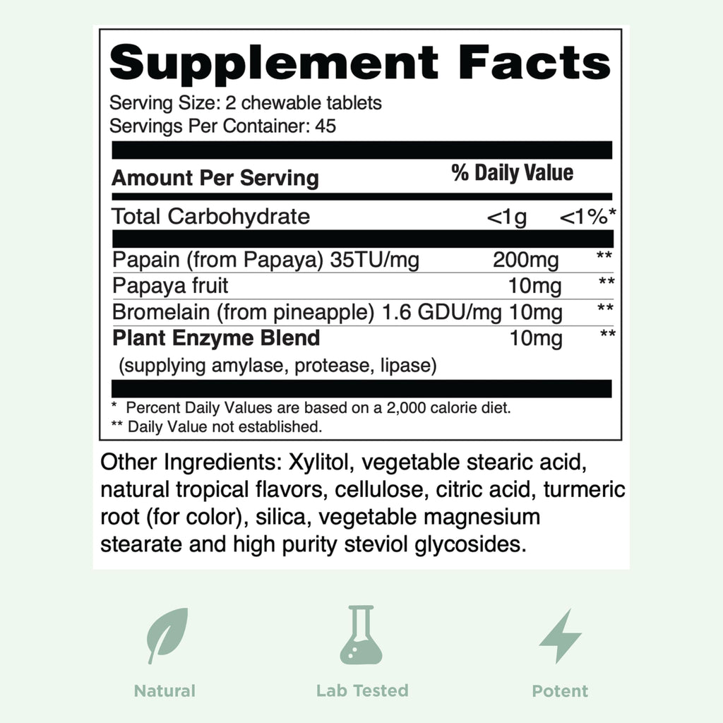 Yuve Naturals Chewable Papaya Enzymes - Sugar-Free Plant-Based Digestive Enzyme Complex for Gas, Bloating & Post-Meal Comfort - Vegan, Non-GMO, Gluten-Free - 90ct