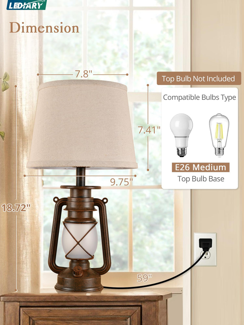 LEDIARY 18.72" LED Vintage Lantern Flickering Flame Table Lamps Set of 2
