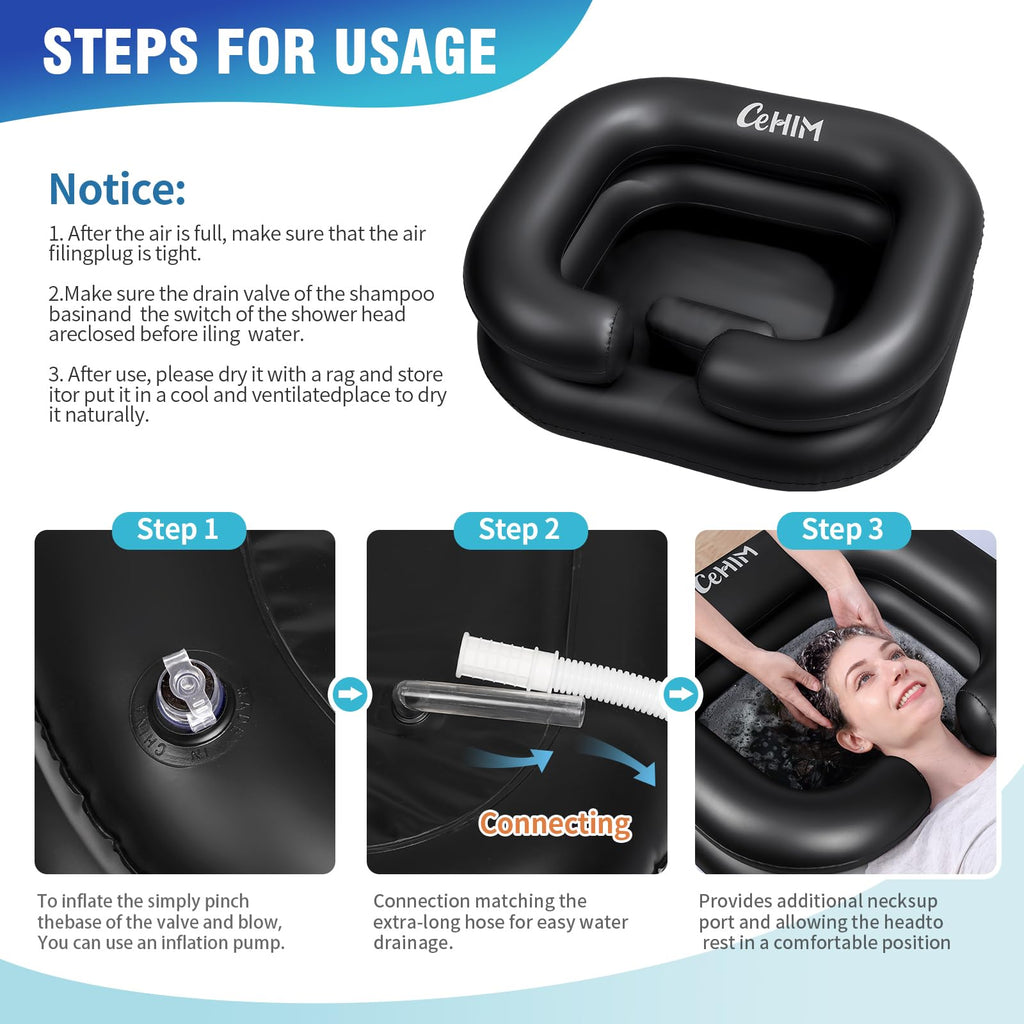 Cehim Inflatable Shampoo Basin - Portable Shampoo Bowl, Hair Washing Basin for Bedridden, Disabled,Injured, Hair Wash Tub for Dreadlocks and at Home Sink Washing (Black, 15in Inner)