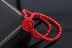 Gem Stone King 7 Inch Red Simulated Coral Bead Rose Flower Stretch Bracelet For Women 5mm