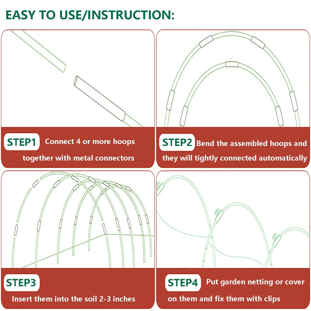 Garden Hoops Grow Tunnel, 6 Sets 8ft Rust-Proof Fiberglass Frame, 36pcs