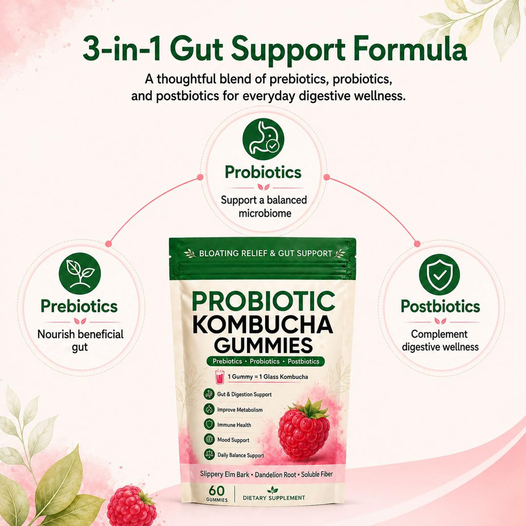 Awjsde Jevawell Kombucha Gummies, Prebiotic Probiotic Postbiotic Formula, Digestive & Gut Health Support, Microbiome Balance & Digestive Comfort, Vegan, Non-GMO, 60 Gummies (1 Peak)