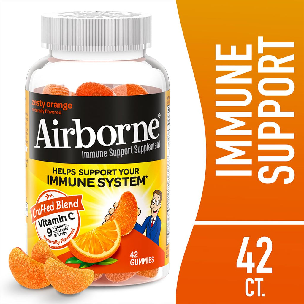 Airborne 750mg Vitamin C Immune Support Supplement Gummies for Adults, Zesty Orange Flavor, Gluten Free Crafted Blend with Powerful Antioxidants Vitamins C & E, 42 Gummies (2 Pack)