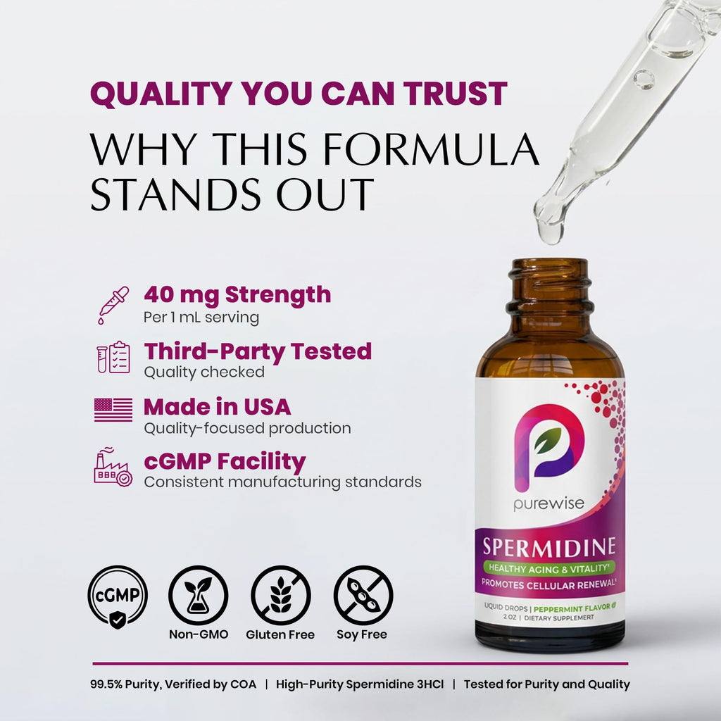 Spermidine Liquid Drops — 99.5% Pure | Double-Potency 40 mg | Cellular Renewal & Healthy Aging Support | Organic Peppermint Flavor | Pure Bioavailable Polyamine Supplement — 2 fl oz