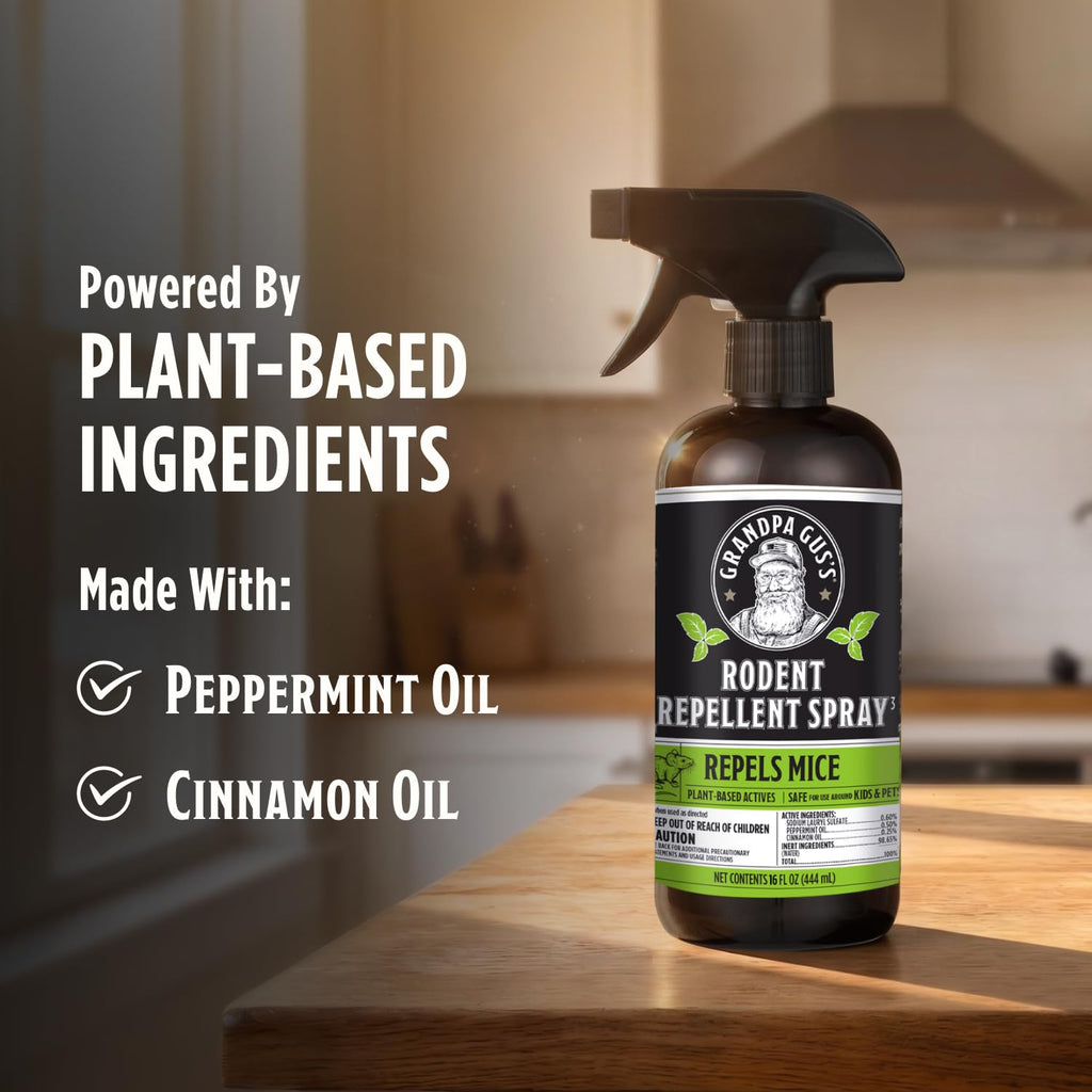 Grandpa Gus's Rodent Repellent Spray - Peppermint Oil Spray for Rodents & Mice - Plant-Based Mouse Deterrent for Cars, RVs, Garages & Indoor Spaces - Non-Staining Formula - 16 oz