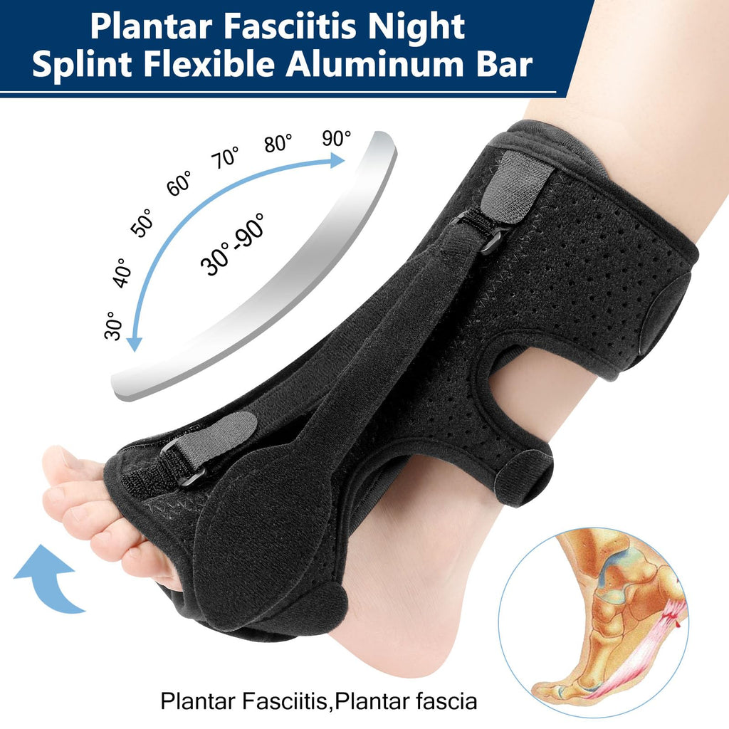 exhood Upgraded Plantar Fasciitis Night Splint, 3 Adjustable Straps Plantar Fasciitis Relief Braces for Achilles Tendonitis, Foot Drop & Heel Spur Pain Relief Day & Night (Black)
