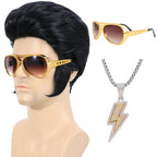 Bettecos 4pcs Set 50s Rock Wig with Sunglasses and Necklace for Men Singer Rocker Costume Wigs for Cosplay Halloween Party (Adults)