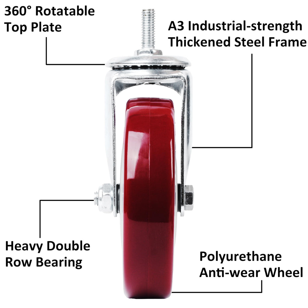 Finnhomy Swivel Caster Wheels 5 Inch Threaded Stem Casters Set of 4 Heavy Duty 3/8"-16 x 1 Anti-wear Polyurethane Industrial Castor Wheels for Cart/Furniture Load Bearing 2200 Lbs Smooth Casters Red