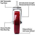 Finnhomy Swivel Caster Wheels 5 Inch Threaded Stem Casters Set of 4 Heavy Duty 3/8"-16 x 1 Anti-wear Polyurethane Industrial Castor Wheels for Cart/Furniture Load Bearing 2200 Lbs Smooth Casters Red