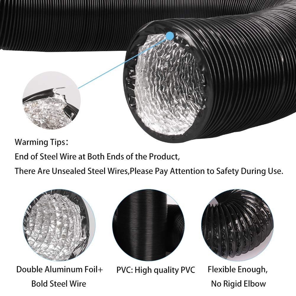 4Inch 10FT Long Flexible Aluminum Air Ducting, Heavy-Duty Black 4 Layer Dryer Vent Hose, Dryer Duct for HVAC Ventilation,Duct Fan Systems, 2 Stainless Steel Clamps Include