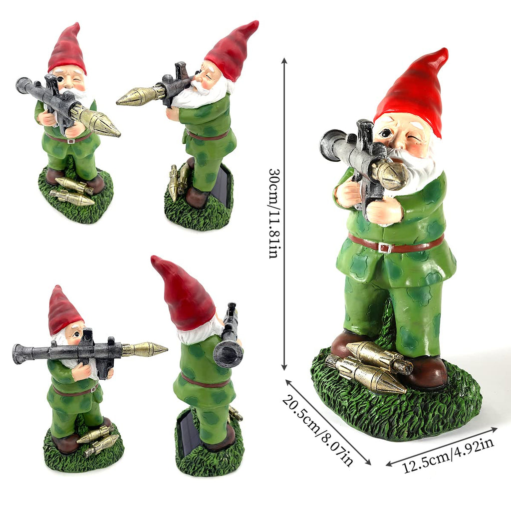 PERFECTOP Solar Military Garden Gnome Statue with RPG, Large War Army Combat Defender Soldier Patriotic Gnome Figurine with Gun, Outdoor Patio Yard Lawn Home Ornament Decor, Valentine's Day Men Gift
