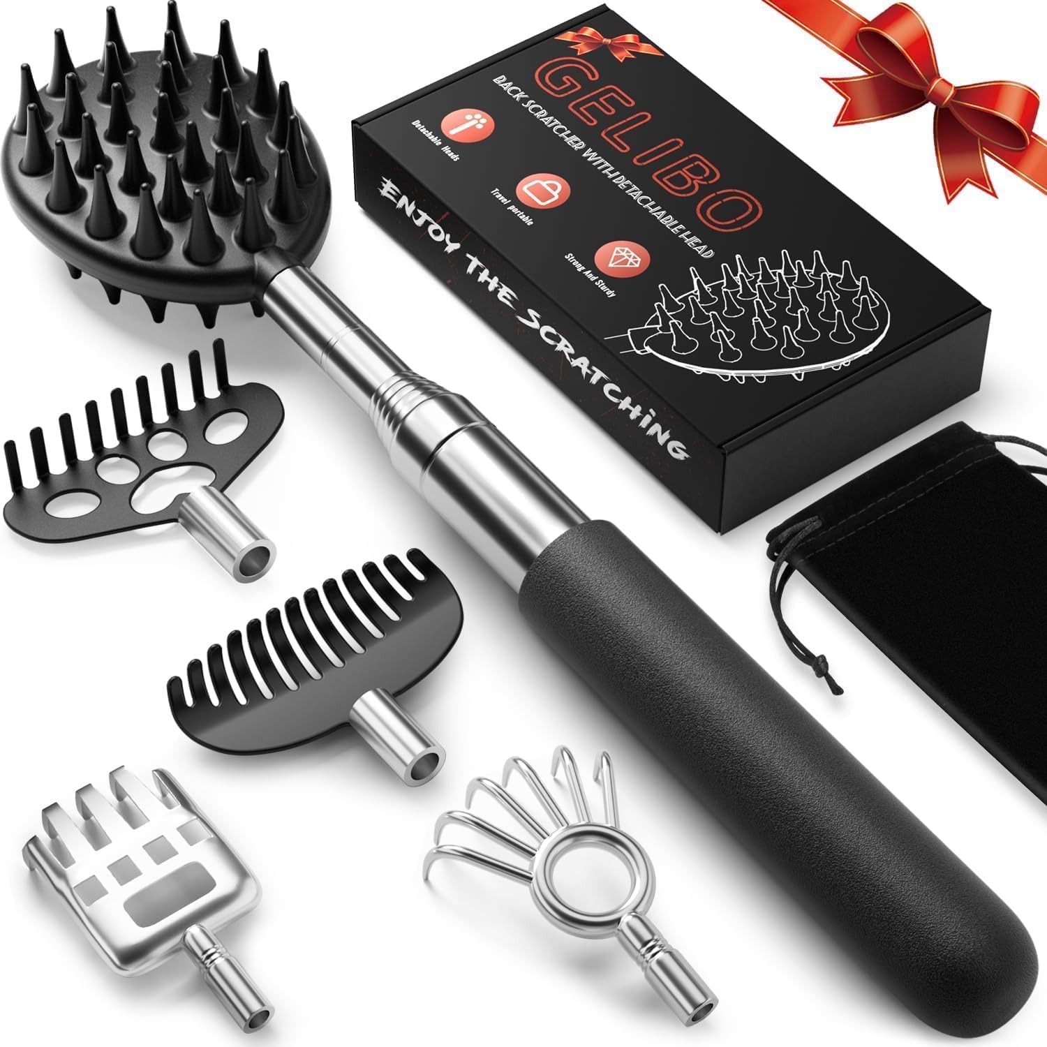 Gelibo Telescoping Large Back Scratcher with 5 Detachable Heads, Extendable Back Massager Tool, Fathers Day Gift for Him, Dad, Gifts for Men with Beautiful Box