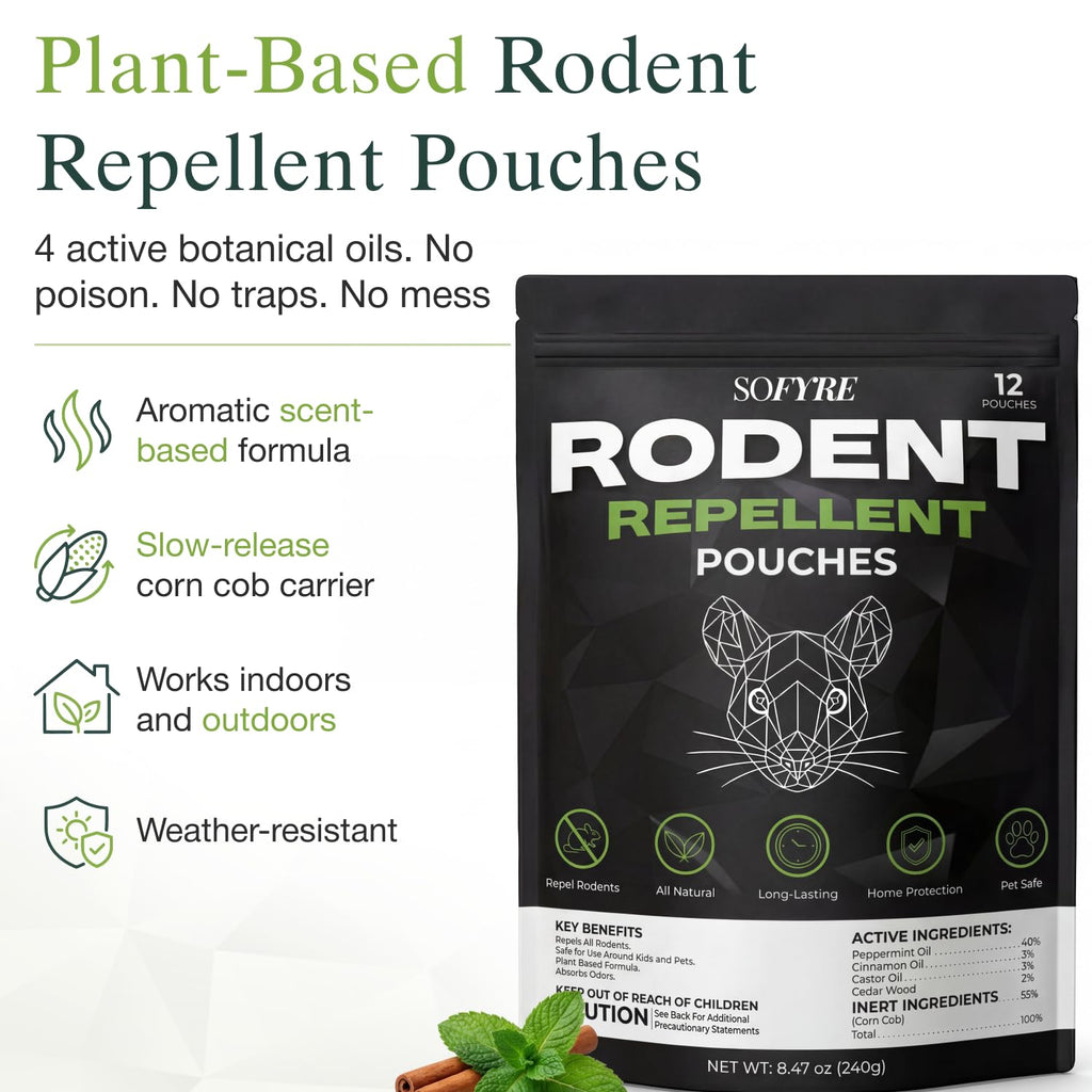 SoFyre Rodent Repellent Pouches 12-Pack Mouse Repellent for Home RV Garage Car Basement, Mice Indoor & Outdoor Deterrent, Peppermint Cinnamon Cedarwood Rat Repellent, Plant-Based Natural Pest Control