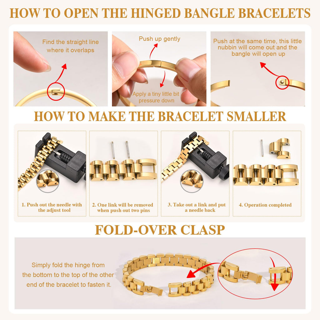 MPRAINBOW 2pcs 18K Gold Plated Chain Link Bracelet, Stainless Steel Crystal Friendship Bracelets Bangle,Watch Band Chains Wristband Jewelry with Adjust Tool