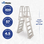 Vinyl Works SLA A-Frame 48 to 56 Inch Adjustable Above Ground Swimming Pool Ladder Entry System with Slide Lock Barrier and Handrails, White