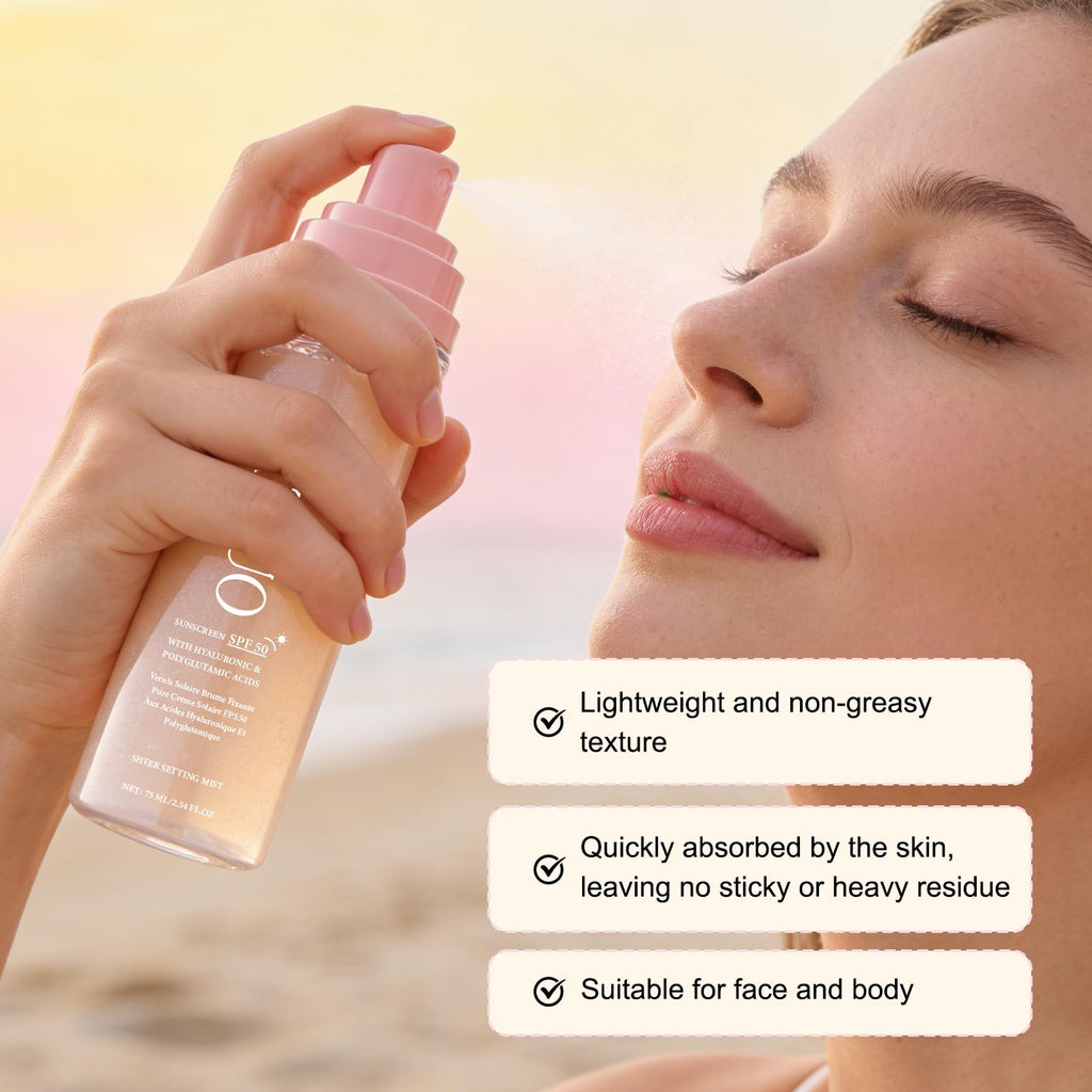 SPF Setting Spray for Face & Body - Sheer Sunscreen Mist SPF 50, Makeup-Friendly Setting Mist with Hydrating Glow, Reef-Safe & Non-Greasy for Beach, Wedding, Daily Wear (2)