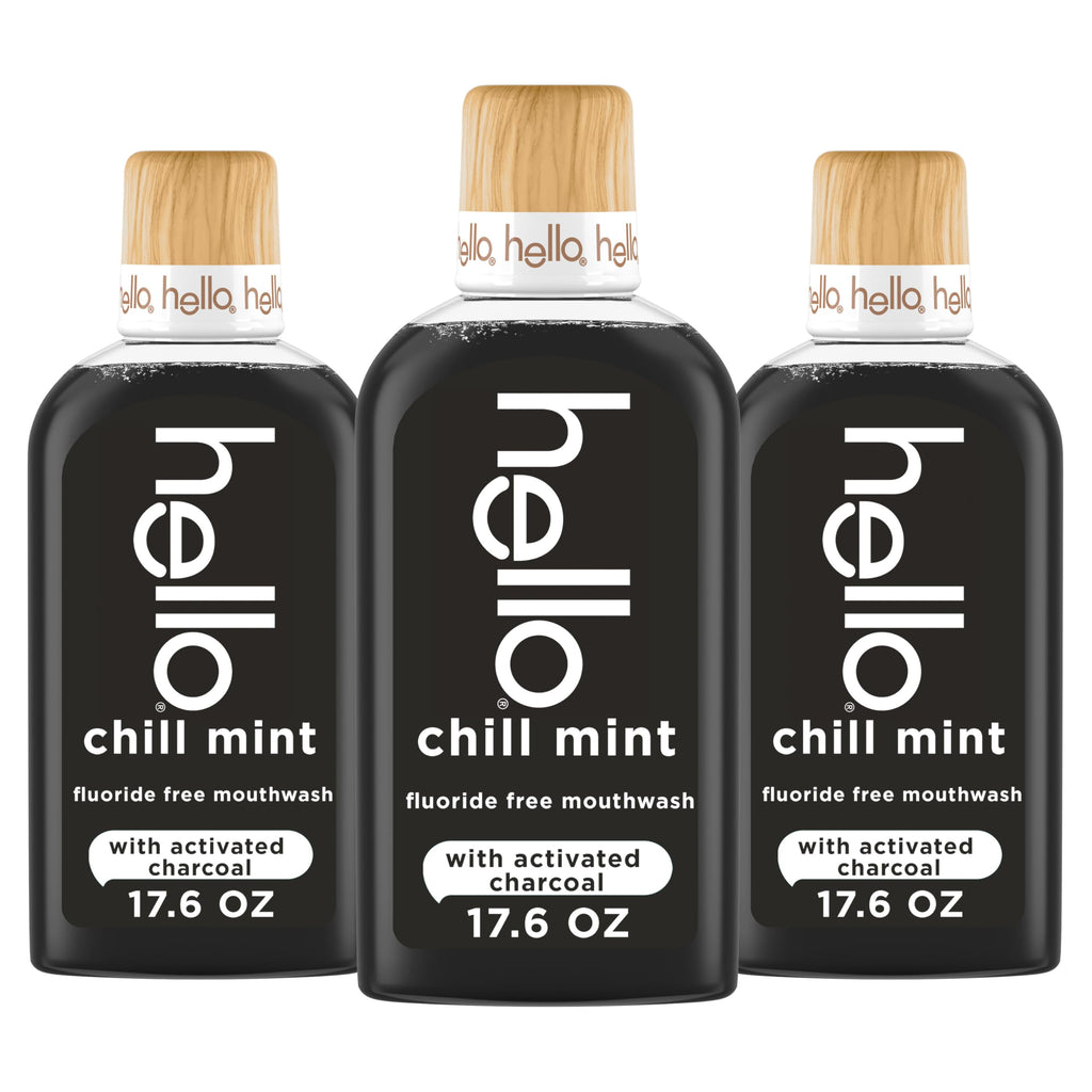 Hello Chill Mint Alcohol Free Mouthwash with Activated Charcoal, 17.6 Fl Oz, Fluoride Free Mouthwash with Farm Grown Mint and Coconut Oil, Vegan, Minty Oral Rinse (Pack of 3)