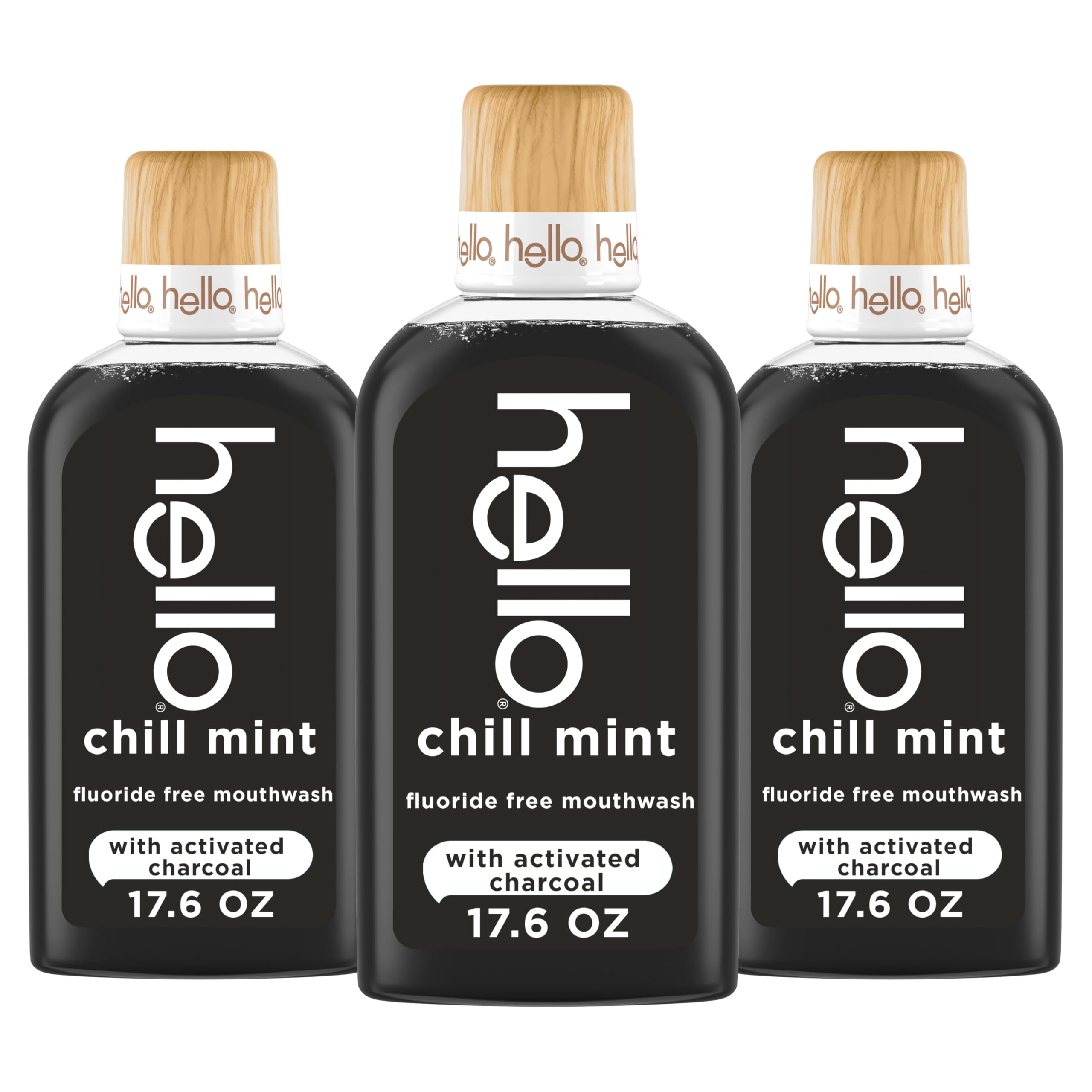 Hello Chill Mint Alcohol Free Mouthwash with Activated Charcoal, 17.6 Fl Oz, Fluoride Free Mouthwash with Farm Grown Mint and Coconut Oil, Vegan, Minty Oral Rinse (Pack of 3)