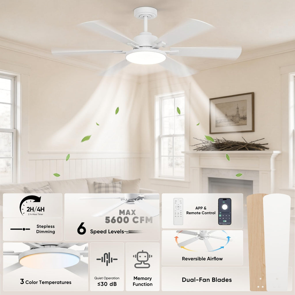 52 Inch Ceiling Fans with Lights, 6 Double Sided Blades, Ultra Quiet Reversible DC Motor, Remote & APP Control, 6 Speeds, 3CCT Dimmable LED with Memory Function, Downrod Mount for Living Room, White