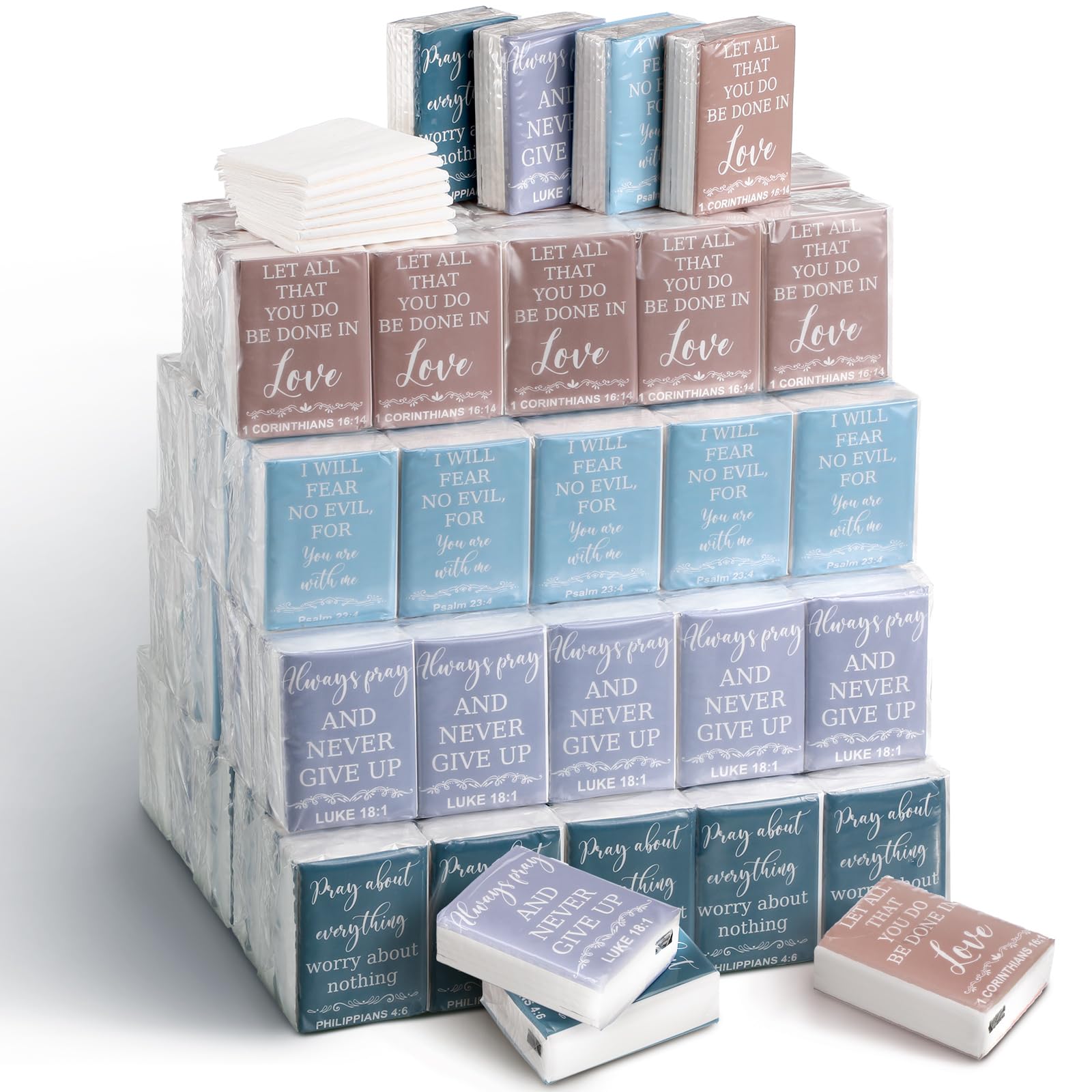 Seajan 120 Pack Christian Travel Tissues 3 Ply Bulk Bible Verse Pocket Tissues Travel Size Individual Christian Bulk Gift Pack for Wedding Party Homeless Gift(Plain Color)