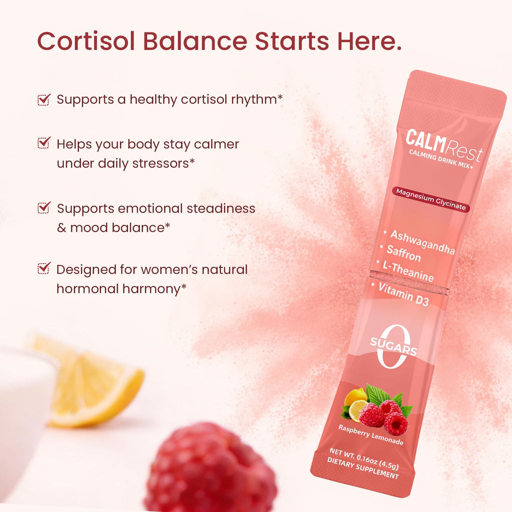 CalmRest Calm Magnesium Powder Calming Drink Mix Cortisol Supplement for Women with Ashwagandha, Saffron, L Theanine, Vitamin D3-Stress Relief & Relaxation Support, No Sugar, 30Ct, Raspberry Lemonade