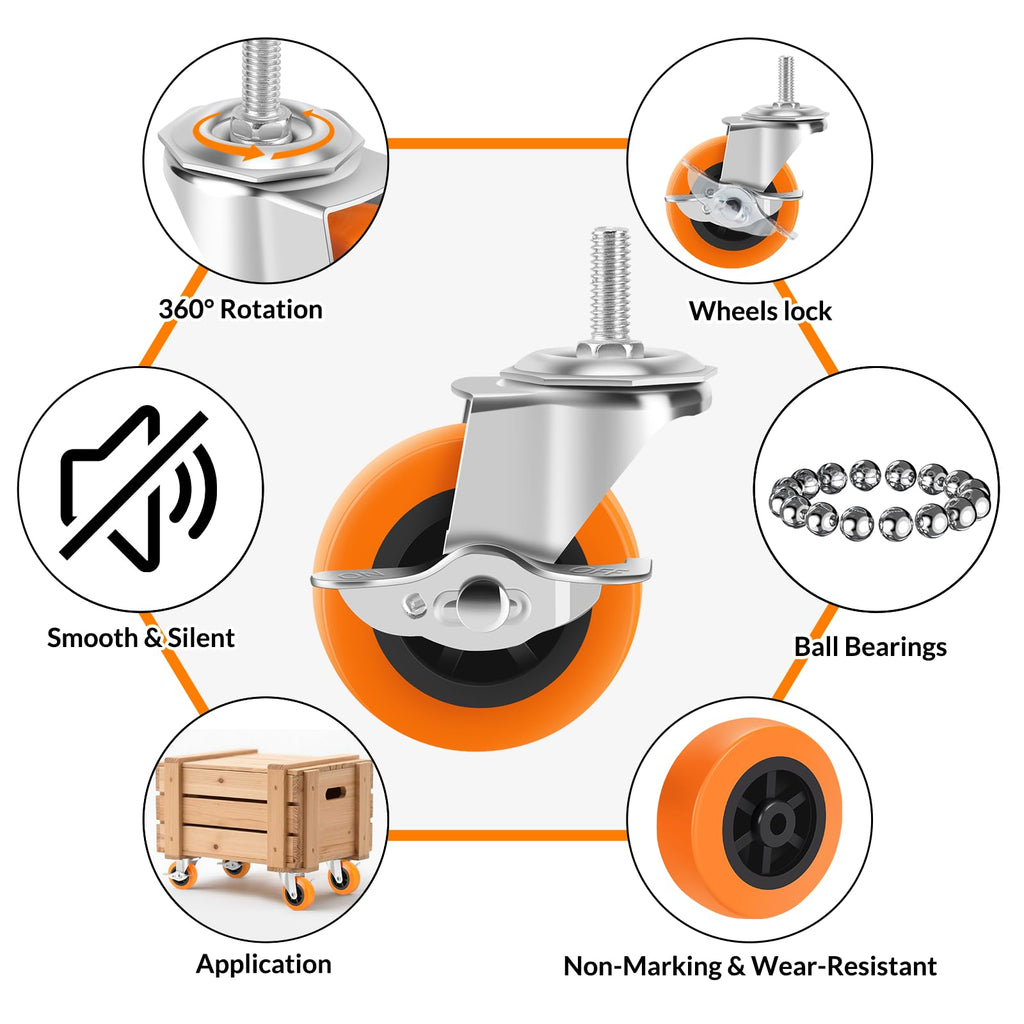 Caster Wheels with Threaded Stem, 3 Inch Locking Swivel Casters Set of 24