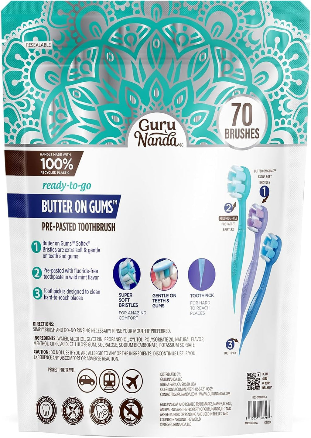 GuruNanda Disposable Travel Toothbrush 1.0, Fluoride Free Toothpaste, 70 ct
