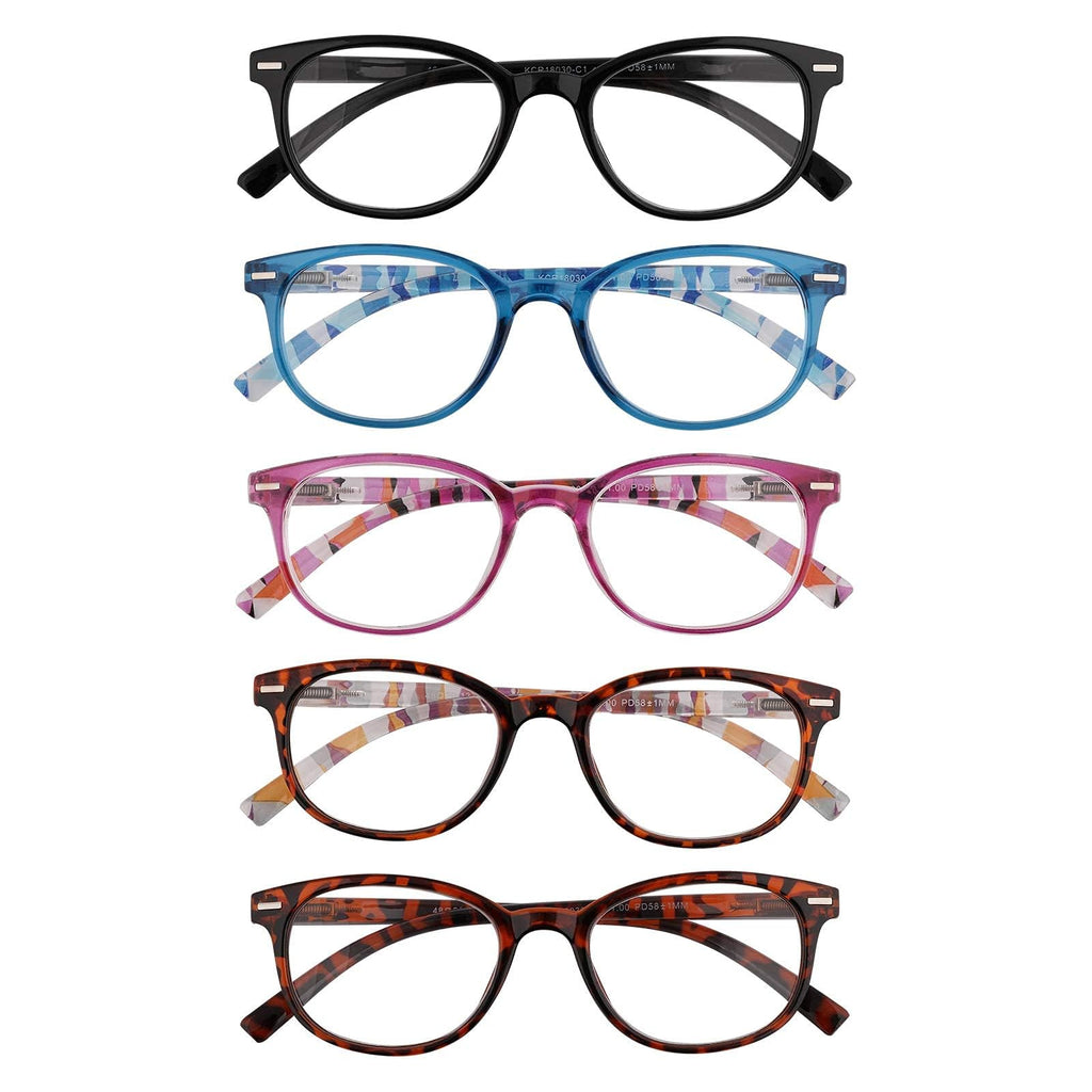 EFE Reading Glasses Readers for Women Ladies 2.0 Lightweight Full Frame Spring Hinge Eyeglasses 5 Pack (Mix Color, 2.00)