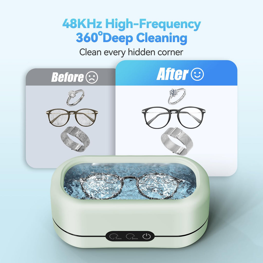 BYASKZIV Ultrasonic Jewelry Cleaner, 50KHz Ultrasonic Cleaner Machine with 304 Stainless Steel for Jewelry, Eyeglasses, Rings, Watch Strap, Dentures, Dual Cleaning Modes - Green
