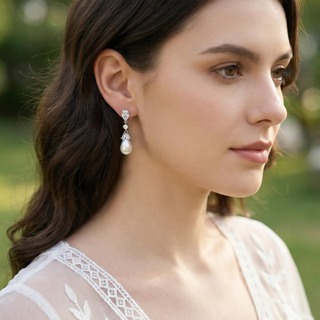 SWEETV Silver Pearl Drop Dangle Earrings for Women
