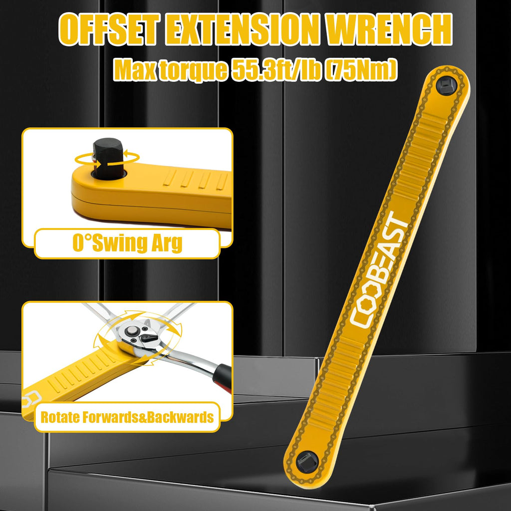 coobeast Offset Extension Wrench Impact Ready Socket Wrench Extender Tool with Versatile 1/4", 3/8", and 1/2" Square Drive Adapters, Universal Extensions Wrench for Small Place, Yellow