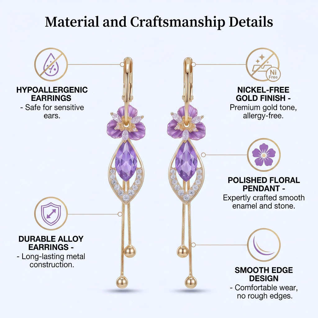 14K gold plated Purple Flower Dangle Chandelier Drop Earrings for Women Hypoallergenic Cubic Zirconia Elegant Statement Jewelry Gifts