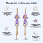 14K gold plated Purple Flower Dangle Chandelier Drop Earrings for Women Hypoallergenic Cubic Zirconia Elegant Statement Jewelry Gifts