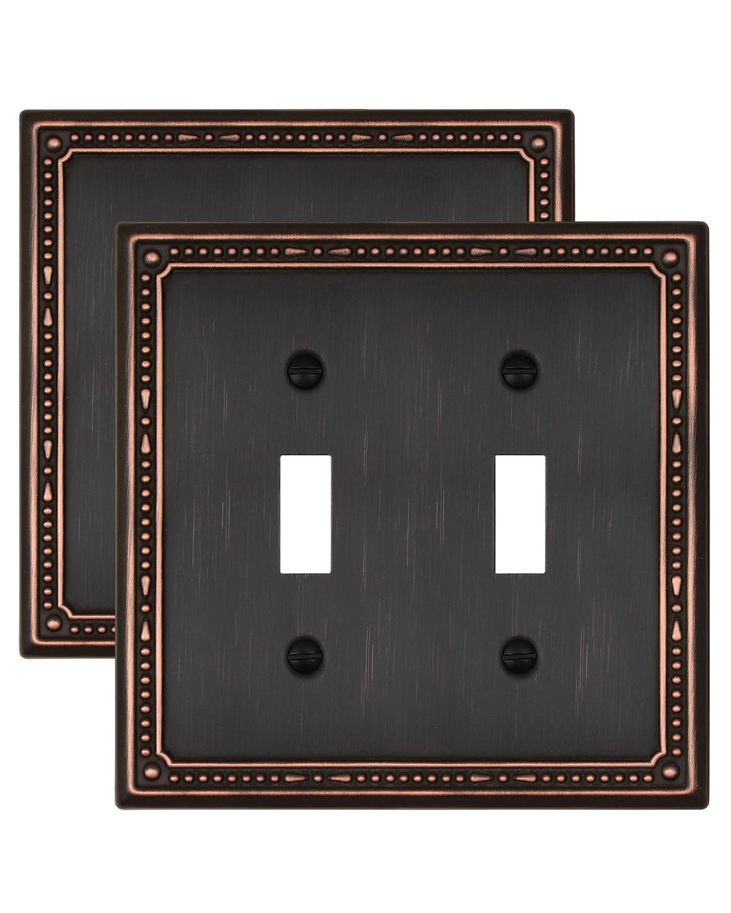 ZILLSEA 2-Pack Aged Bronze Double Toggle Wall Plates, 2 Gang Light Switch Covers, Durable Metal Switch Plate Covers, Decorative Pearl Design, 4.96''*4.88'', Midsize