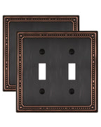 ZILLSEA 2-Pack Aged Bronze Double Toggle Wall Plates, 2 Gang Light Switch Covers, Durable Metal Switch Plate Covers, Decorative Pearl Design, 4.96''*4.88'', Midsize
