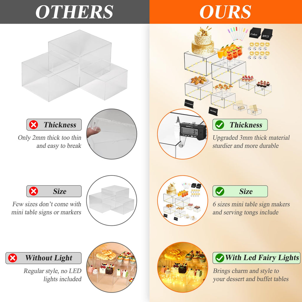 8 Pcs Clear Acrylic Buffet Risers with LED Fairy Lights, Acrylic Food Risers with Mini Sign and Maker, Clear Buffet Risers and Stands for Party Catering Dessert Collectibles(9" 8" 7" 6" 5" 5" 4" 4" )