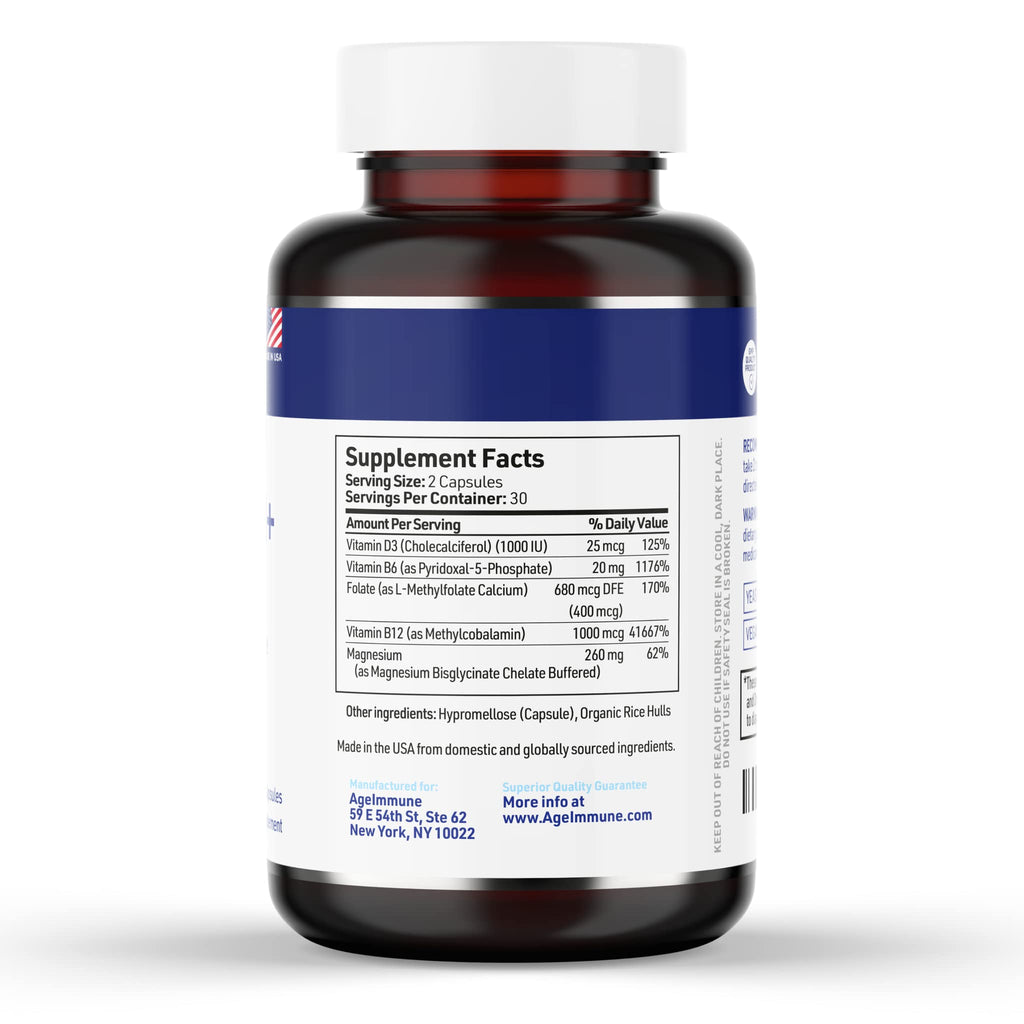 AgeImmune Vitamin B Complex with Vitamin D3 B12 B6 Magnesium Bisglycinate and Folate as Methylfolate - Doctor Formulated Methylated B Complex Supplement – 60 Capsules - Without Niacin