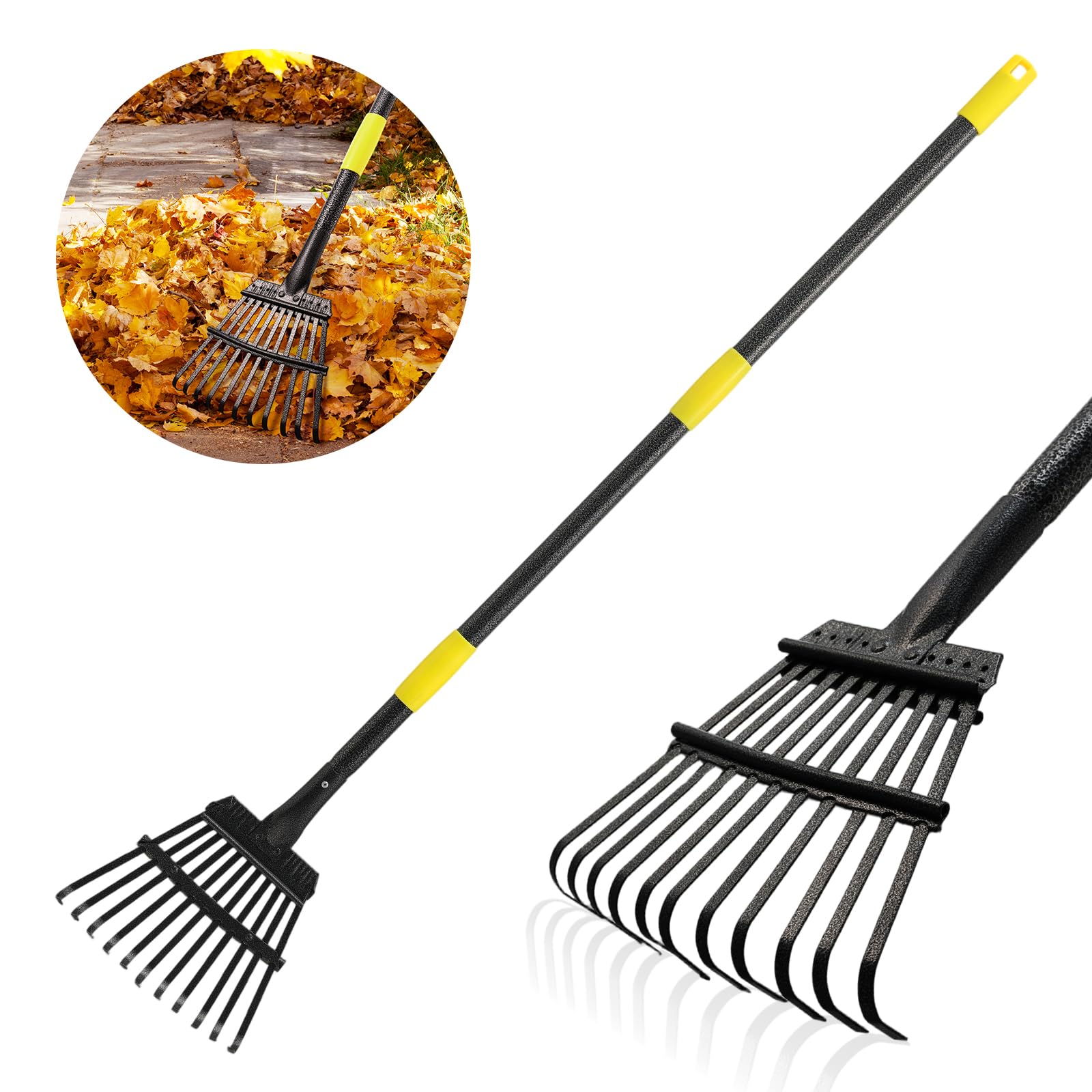 Leaf Rake, Small Rake for Leaves with 30"-60" Adjustable Long Handle, 11 Tines 8.5" Wide, Metal Rakes Heavy Duty for Lawns, Gardening, Yard, Camping, Shrub, Grass, Bush, Weed, Debris