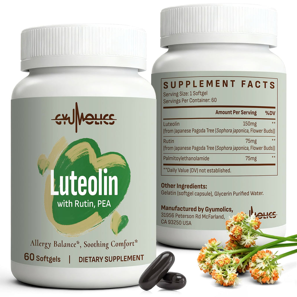 Gyumolics Luteolin Supplement 300mg, Powerful MCAS Stabilizer, Seasonal Allergies and Anti-inflammatory Balance, with Luteolin 150mg, Rutin 75mg, Pea 75mg, Vegetarian,Gluten-Free, 120 Softgels