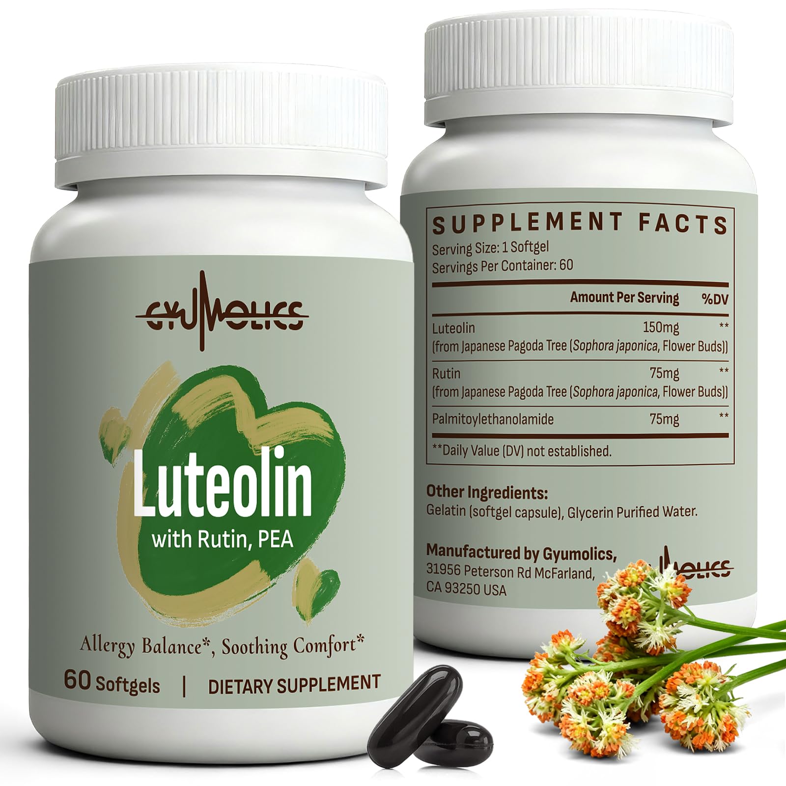 Gyumolics Luteolin Supplement 300mg, Powerful MCAS Stabilizer, Seasonal Allergies and Anti-inflammatory Balance, with Luteolin 150mg, Rutin 75mg, Pea 75mg, Vegetarian,Gluten-Free, 120 Softgels