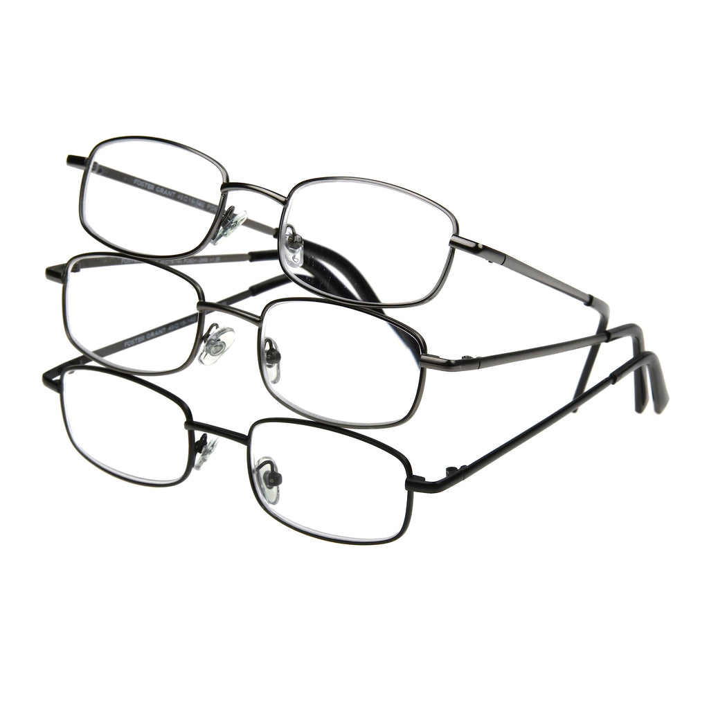 Foster Grant Men's Council Rectangular Reading Glasses, Gunmetal and Black, 3 Pack, 3.25x