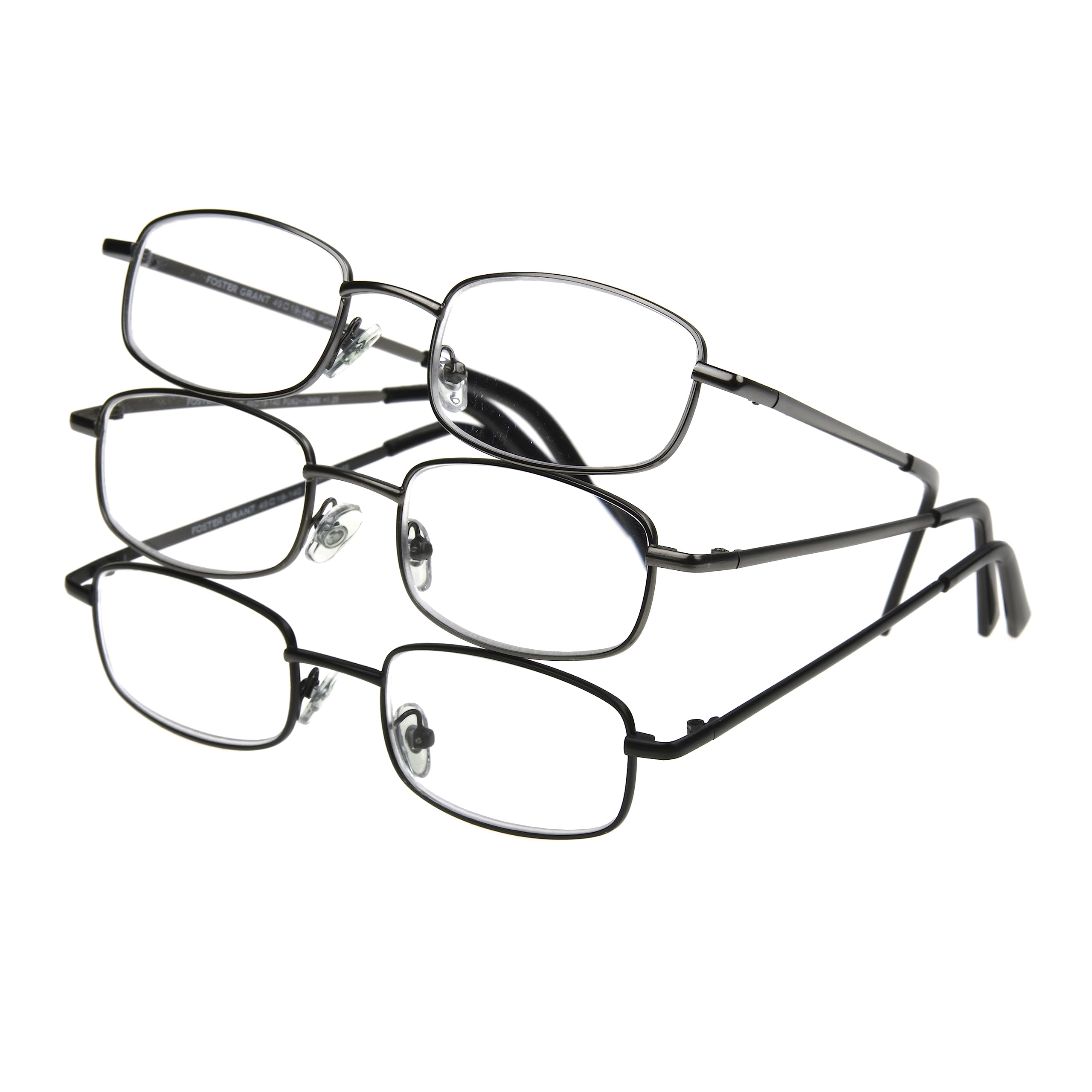 Foster Grant Men's Council Rectangular Reading Glasses, Gunmetal and Black, 3 Pack, 3.25x
