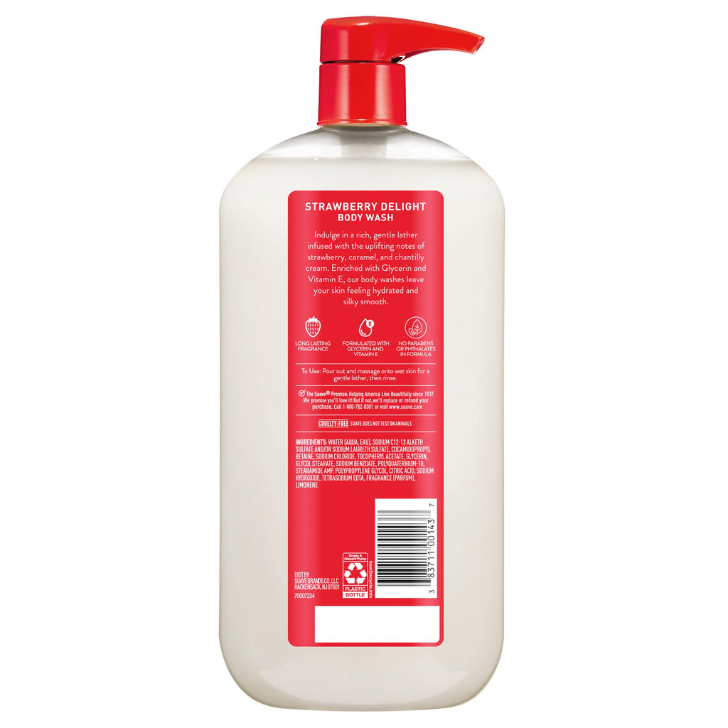 Suave Strawberry Delight Uplifting Body Wash, Formulated with Glycerin and Vitamin E for Hydrating and Gently Cleansing Skin, 30 oz pump, 4 Pack