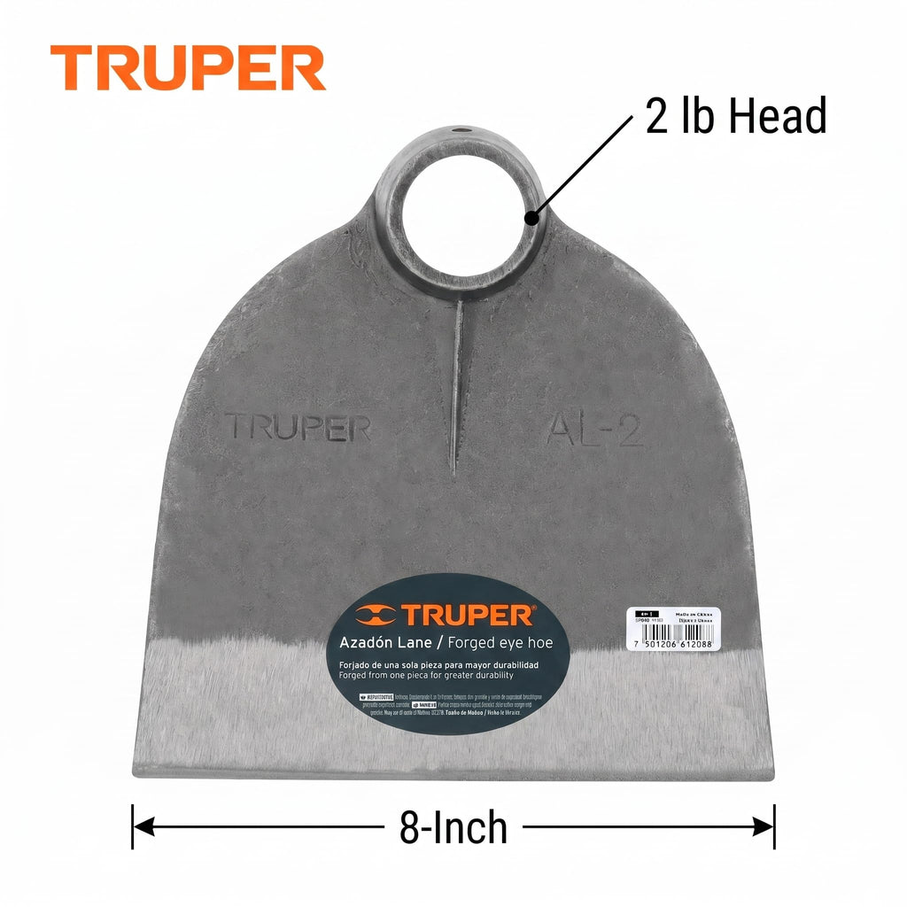 Truper Lane No. 2 Field Hoe Head, 2 lb Forged Steel, Heavy-Duty Replacement Hoe Head for Agriculture and Landscaping (Model AL-2/10606)