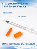 1ml Syringes 31G x 1/4" 6mm Disposable Lab Syringe with Caps, 100 Pack