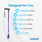 REHAND Walking Cane - Foldable, Adjustable, Collapsible Walking Canes for Men & Women, Heavy Duty All Terrain Tip, with Travel Bag | Walking Sticks for Seniors & Adults (Romance Purple)