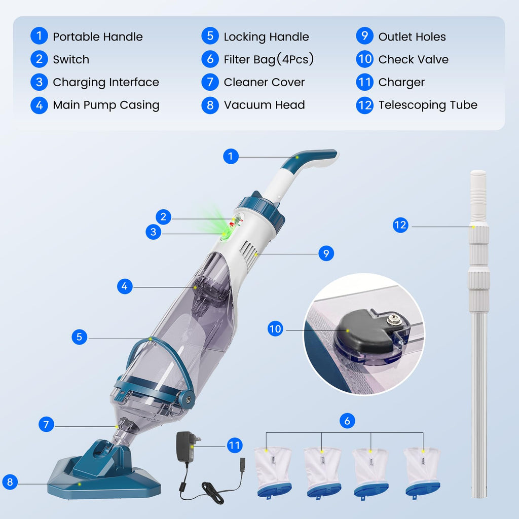 Enhulk Rechargeable Handheld Cordless Pool Vacuum for Above Ground Pool and Inground Pool(2025 Upgraded),60-Minute Runtime,Powerful Suction up to 18.5 gallons/min, Efficient Leaf and Debris Removal