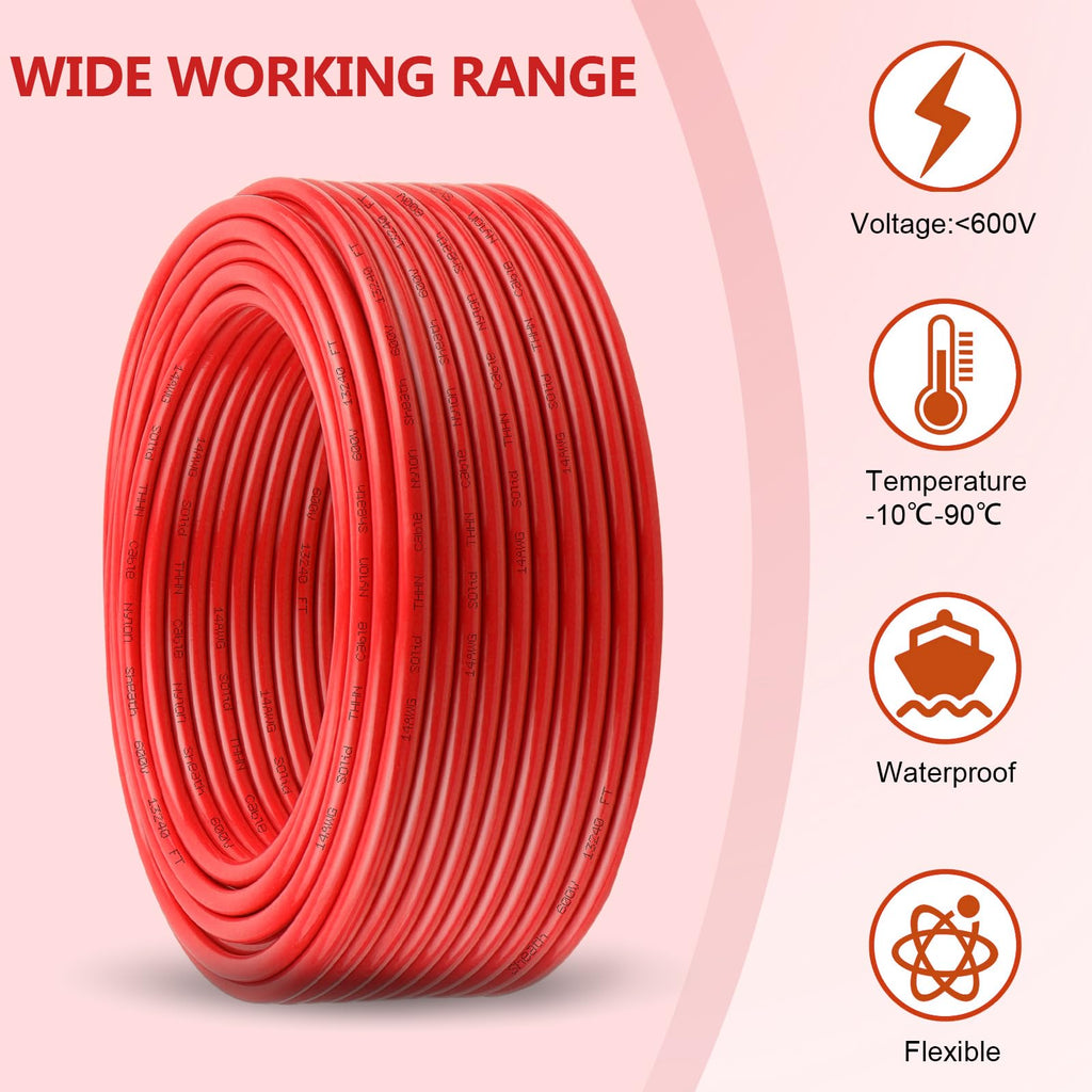THHN Wire 14 Gauge 25 FT, 14 AWG Solid OFC Copper Electrical Building Wire with Nylon Jacket PVC Insulation, Rated 600V for Residential, Industrial, CNC, Ground (14 Gauge, Red)