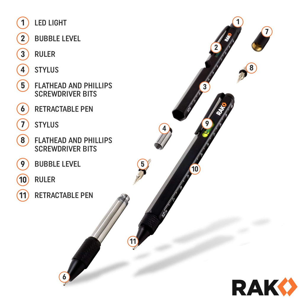 RAK Multitool Pen - Multi-Tool Pen Set 11 in 1, LED Light, Screwdrivers, Level, Ruler, Bottle Opener, and Stylus. Cool Gadgets Gifts for Men, Dad, EDC Tactical Pen Tool, Gift-Ready Box, Pack of 2